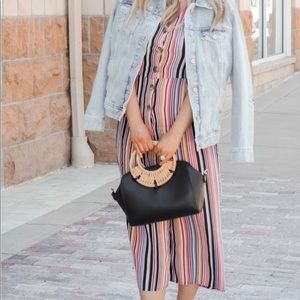 Striped Short Sleeve Button Front Cropped Jumpsuit